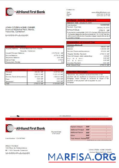 Realistic Cameroon Afriland First bank mortgage statement scr template